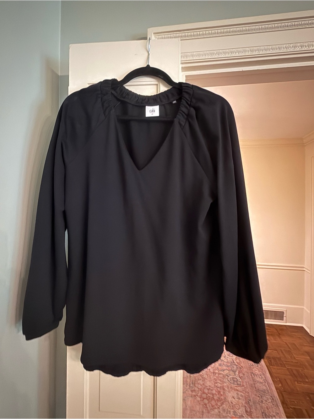 CAbi Black Ruffle-Neck V-Notch Long Sleeve Blouse